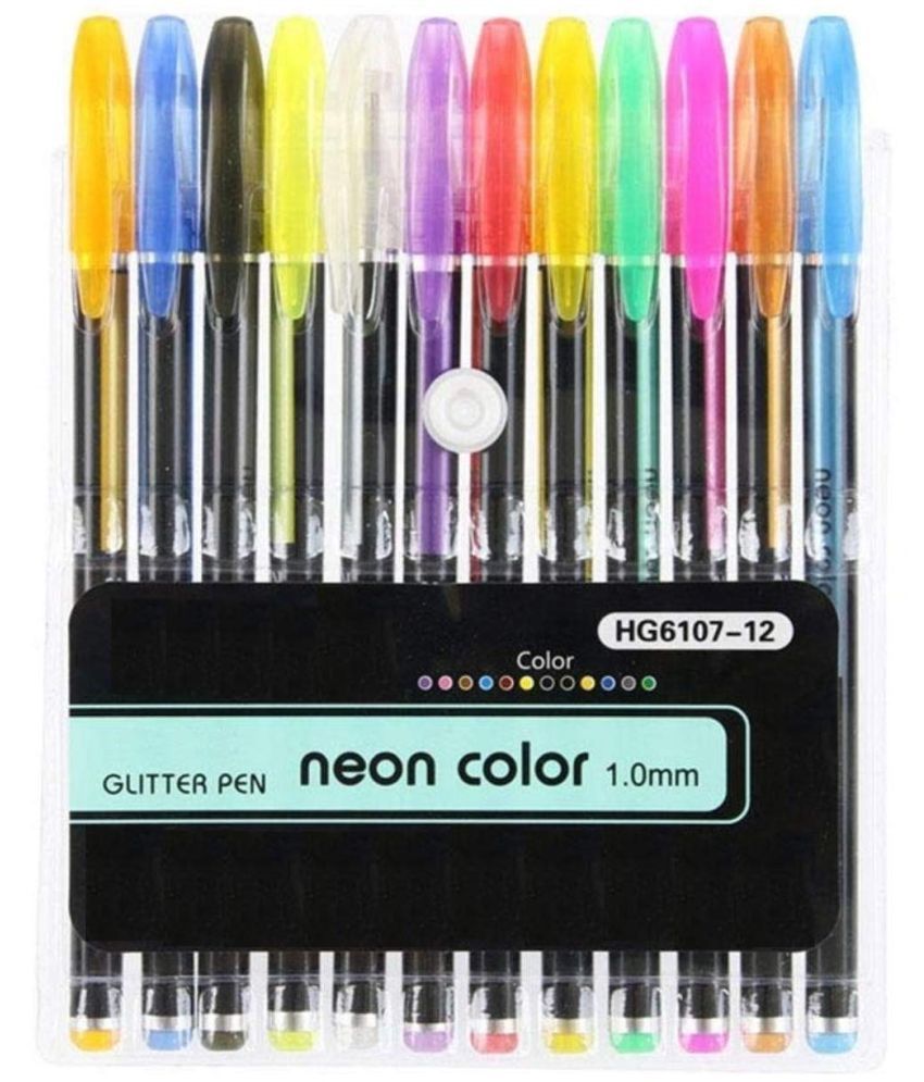     			Set of 12 Neon Gel Pens consisting Fluorescent, Metallic, Glitter, and Pastel colour pens For DIY Art & Crafts (Sketching, Drawing & Painting Purpose)