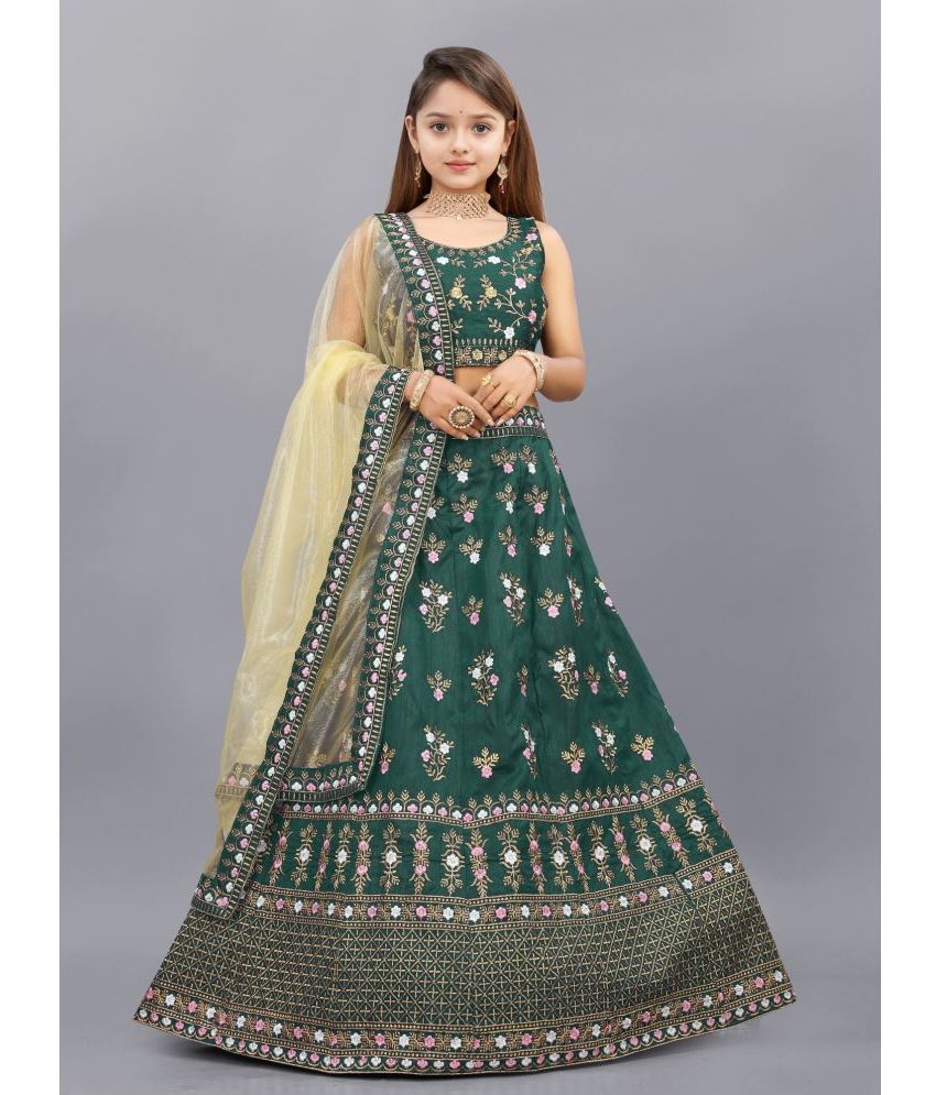     			Aika Green Silk Girls Lehenga Choli Set ( Pack of 1 )