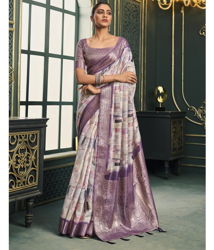     			Satrani Cotton Blend Printed Saree With Blouse Piece - Purple ( Pack of 1 )