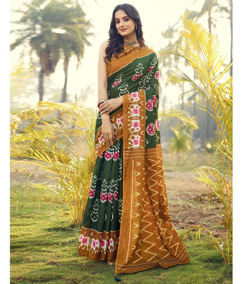     			Satrani Cotton Printed Saree With Blouse Piece - Green ( Pack of 1 )