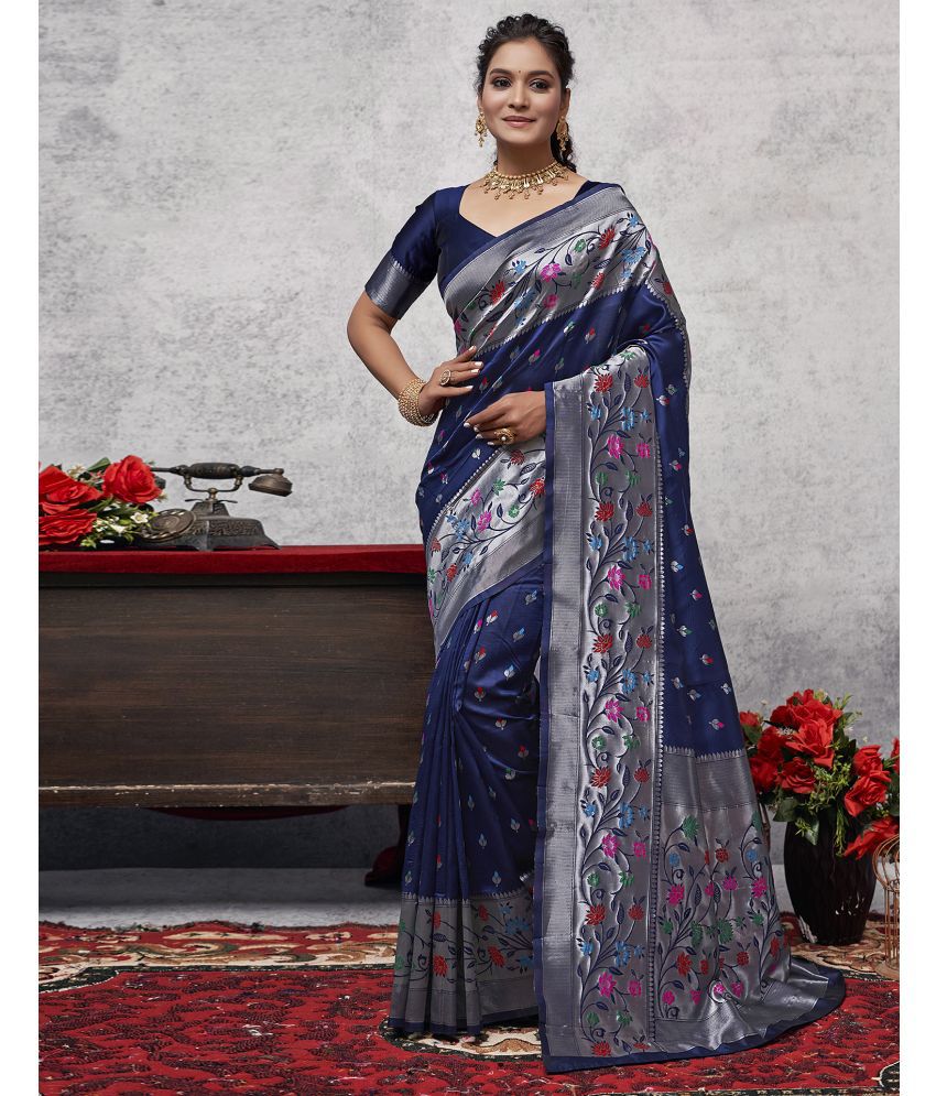     			Satrani Silk woven Saree With Blouse Piece - Navy Blue ( Pack of 1 )