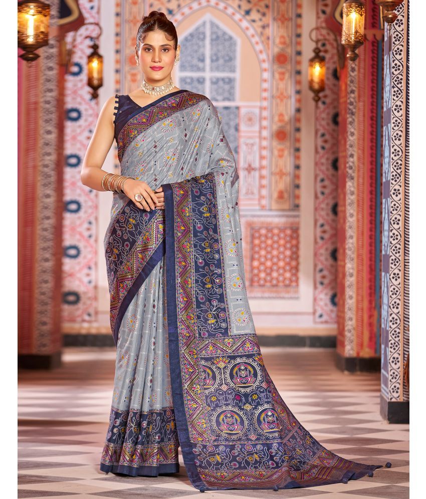     			Satrani Silk Printed Saree With Blouse Piece - Navy Blue ( Pack of 1 )