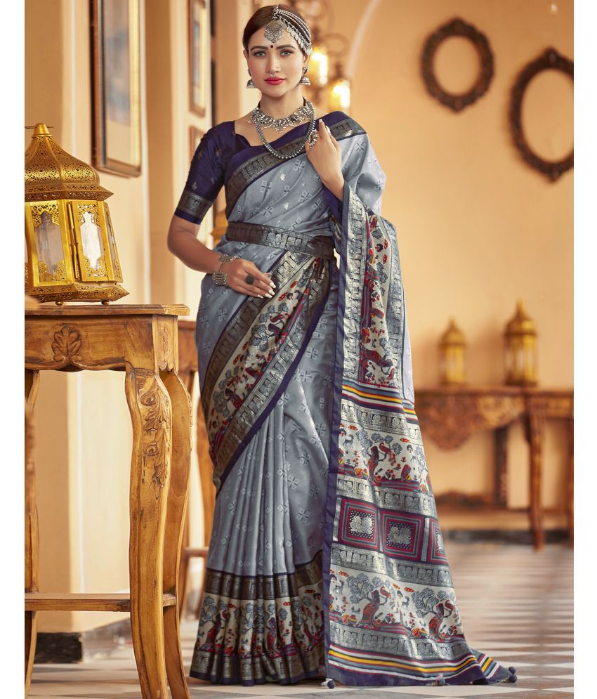     			Satrani Silk Printed Saree With Blouse Piece - Grey ( Pack of 1 )