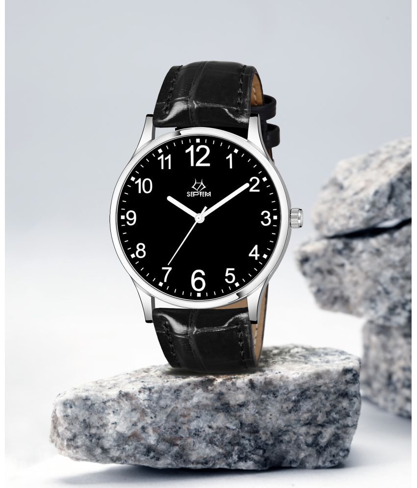     			Septem Black Leather Analog Men's Watch