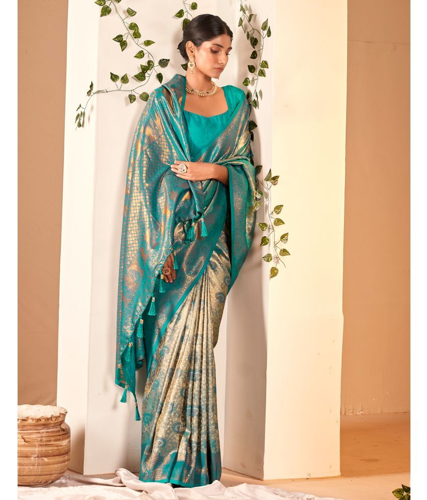     			Satrani Art Silk Woven Saree With Blouse Piece - Teal ( Pack of 1 )