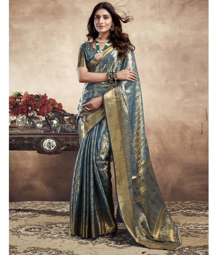     			Satrani Art Silk Woven Saree With Blouse Piece - Teal ( Pack of 1 )