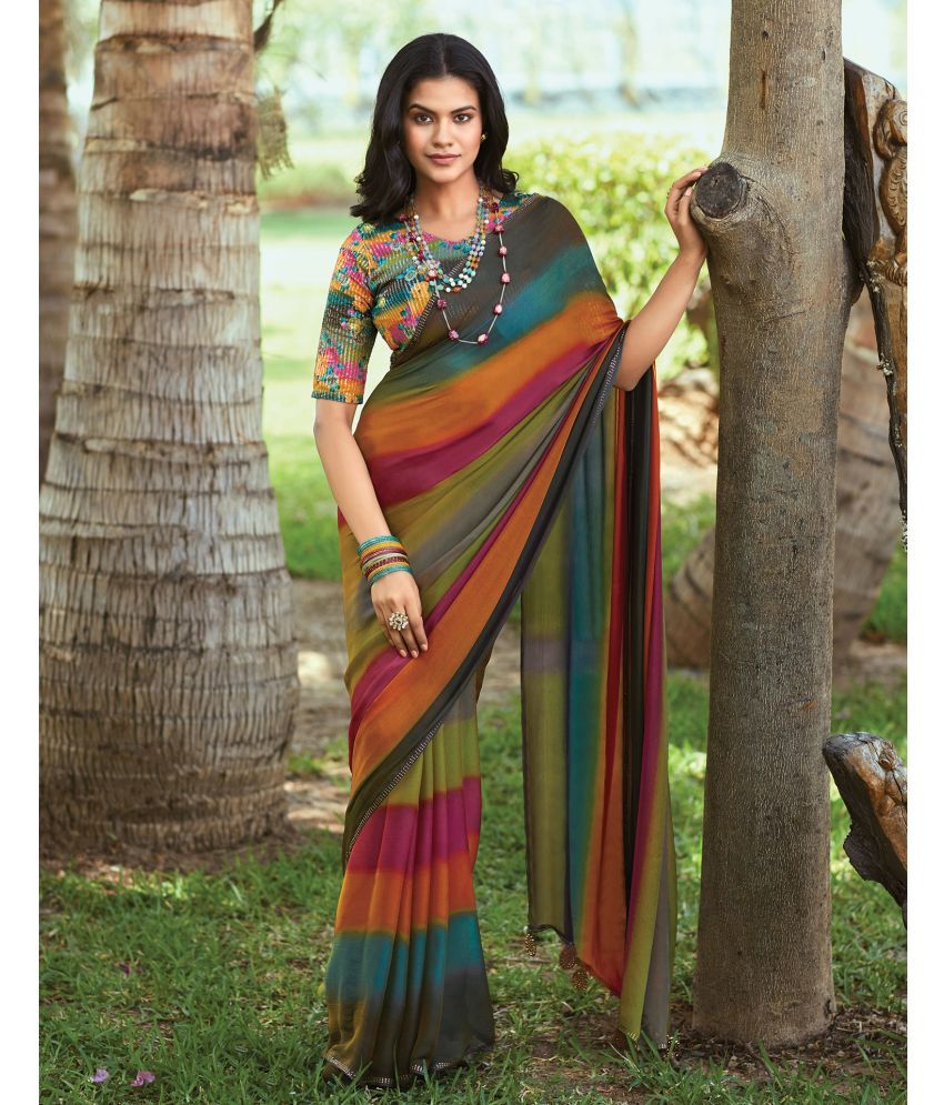     			Satrani Chiffon Printed Saree With Blouse Piece - Multicolor ( Pack of 1 )