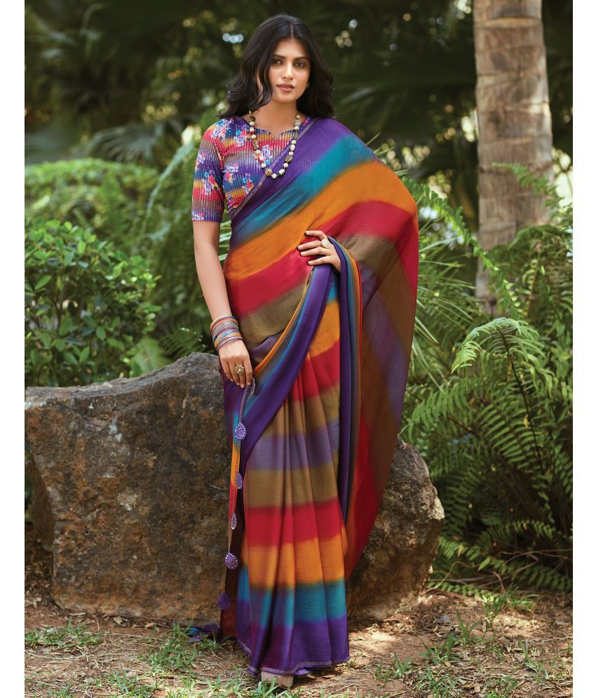     			Satrani Chiffon Printed Saree With Blouse Piece - Multicolor2 ( Pack of 1 )