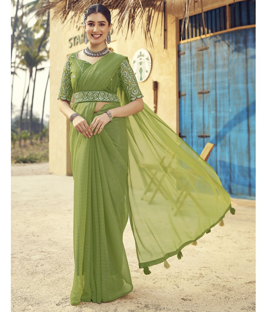     			Satrani Chiffon Striped Saree With Blouse Piece - Green ( Pack of 1 )