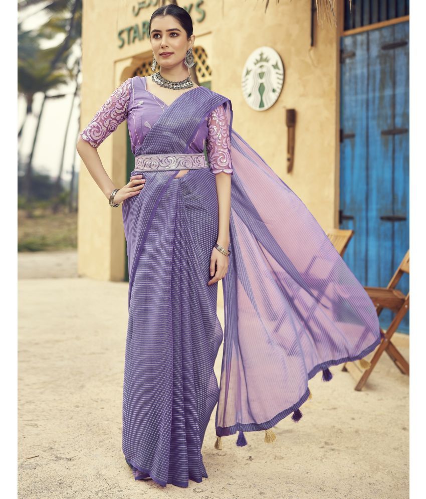     			Satrani Chiffon Striped Saree With Blouse Piece - Lavender ( Pack of 1 )