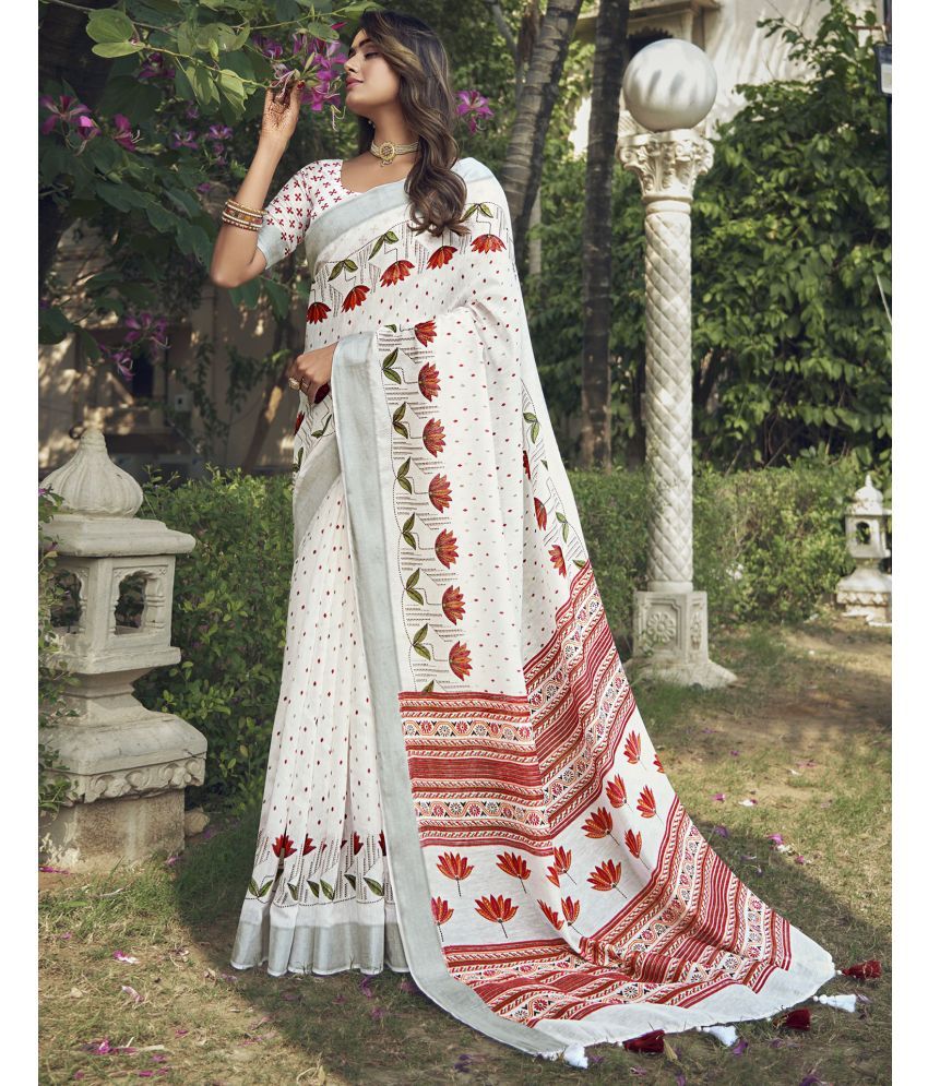     			Satrani Cotton Printed Saree With Blouse Piece - White ( Pack of 1 )