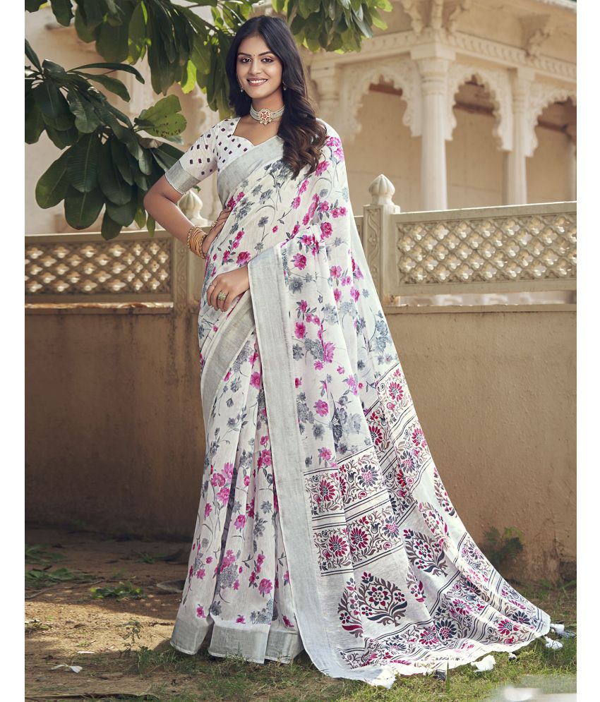     			Satrani Cotton Printed Saree With Blouse Piece - Cream ( Pack of 1 )
