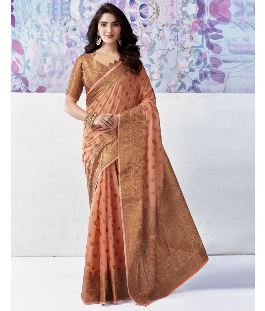     			Satrani Cotton Silk Self Design Saree With Blouse Piece - Peach ( Pack of 1 )