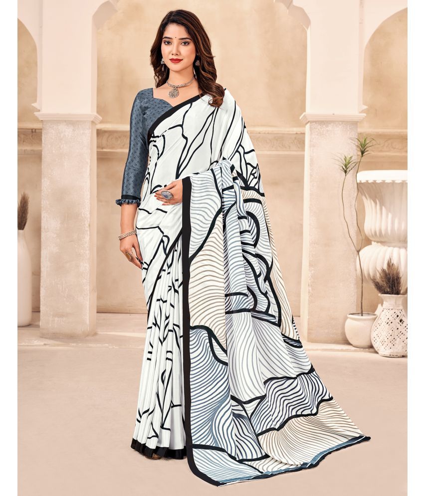     			Satrani Crepe PRINTED Saree With Blouse Piece - Off White ( Pack of 1 )