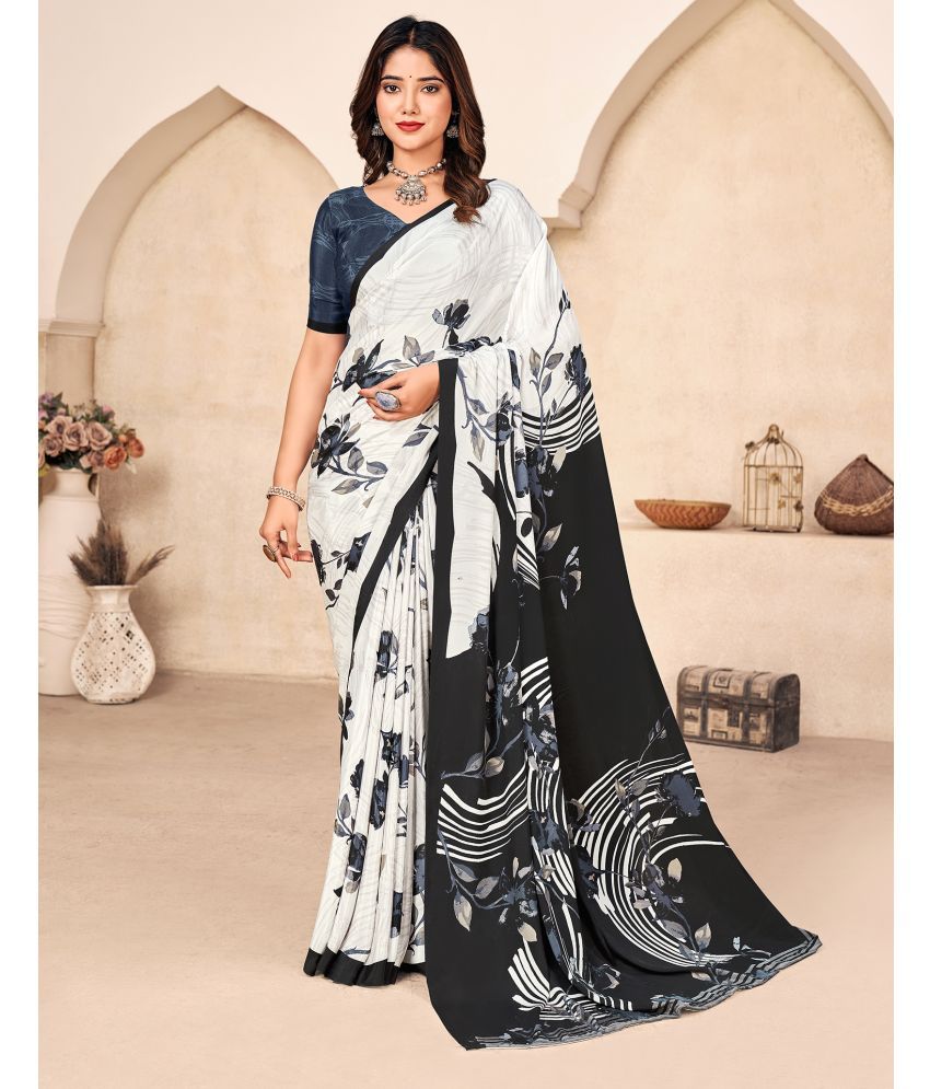     			Satrani Crepe PRINTED Saree With Blouse Piece - White ( Pack of 1 )