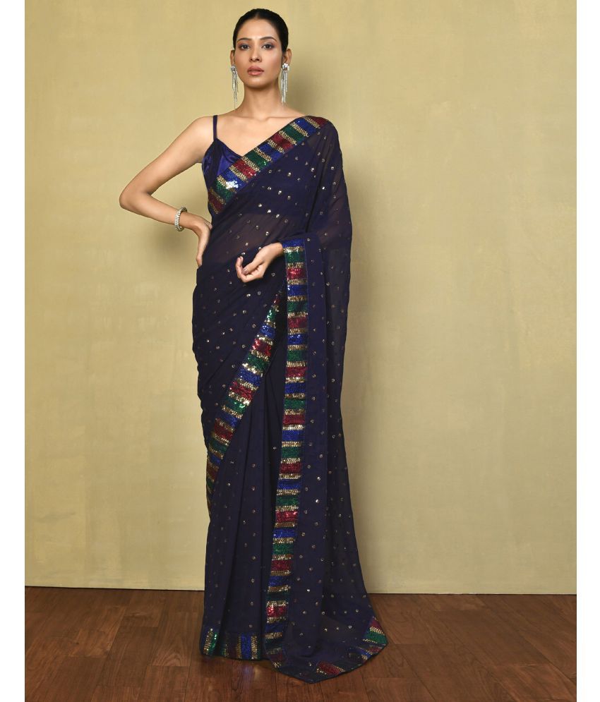     			Satrani Georgette Embellished Saree With Blouse Piece - Navy Blue ( Pack of 1 )