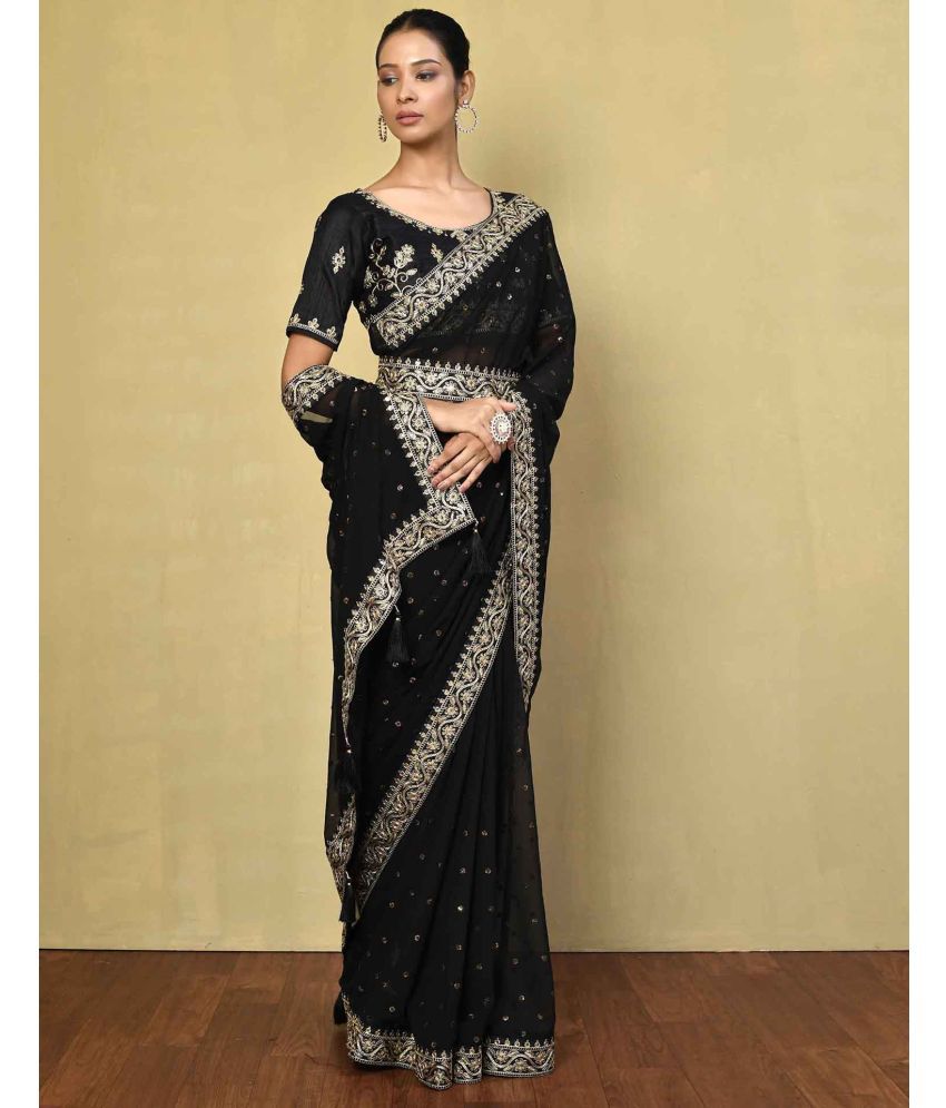     			Satrani Georgette Embellished Saree With Blouse Piece - Black ( Pack of 1 )