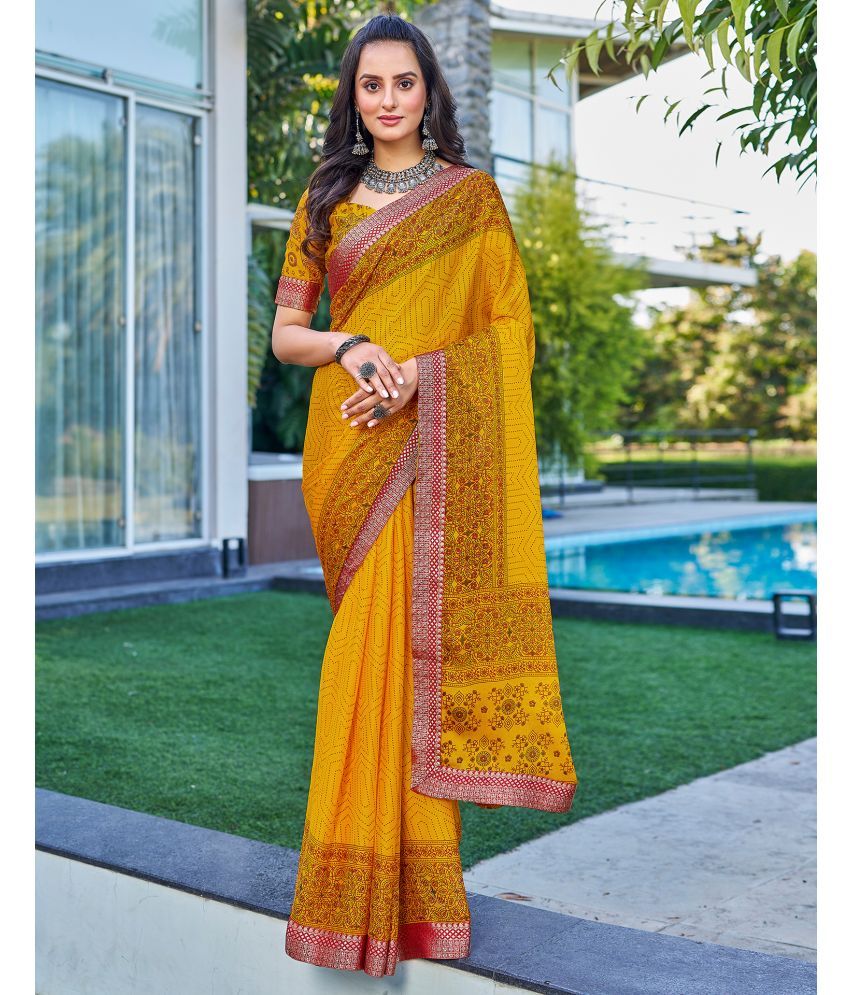     			Satrani Georgette PRINTED Saree With Blouse Piece - Yellow ( Pack of 1 )