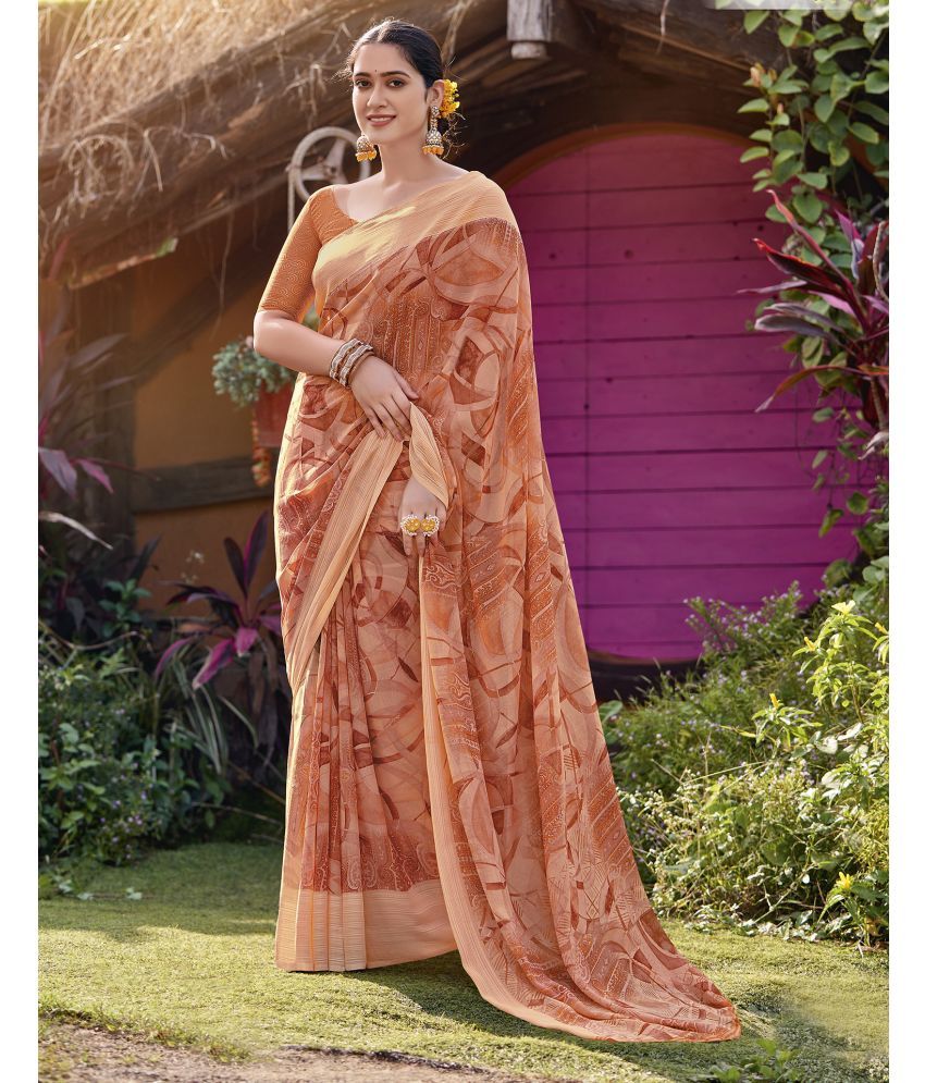     			Satrani Georgette Printed Saree With Blouse Piece - Peach ( Pack of 1 )