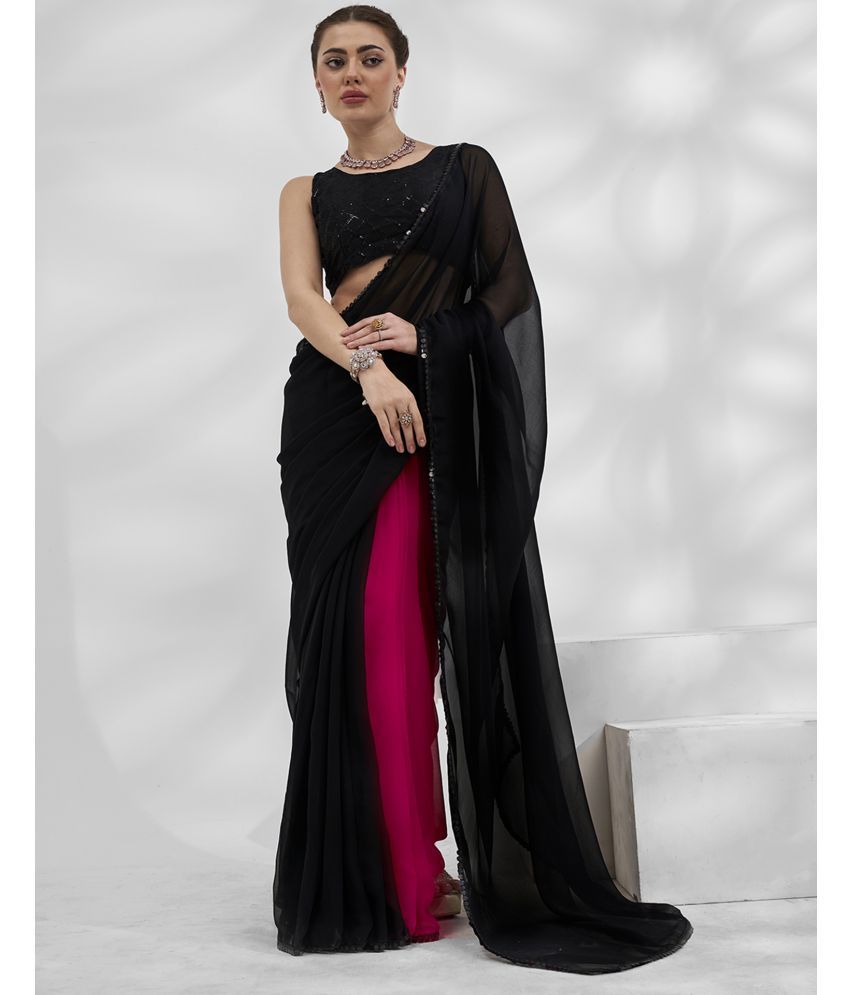     			Satrani Georgette Solid Saree With Blouse Piece - Black ( Pack of 1 )