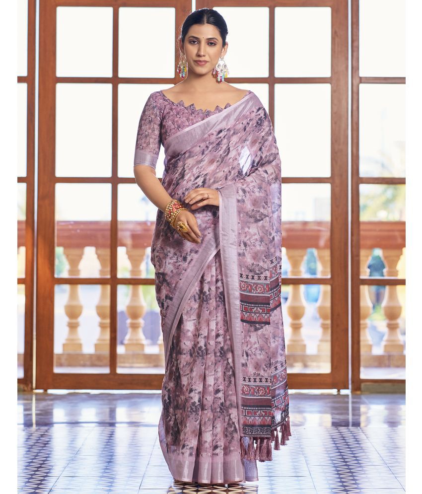     			Satrani Linen Printed Saree With Blouse Piece - Pink ( Pack of 1 )