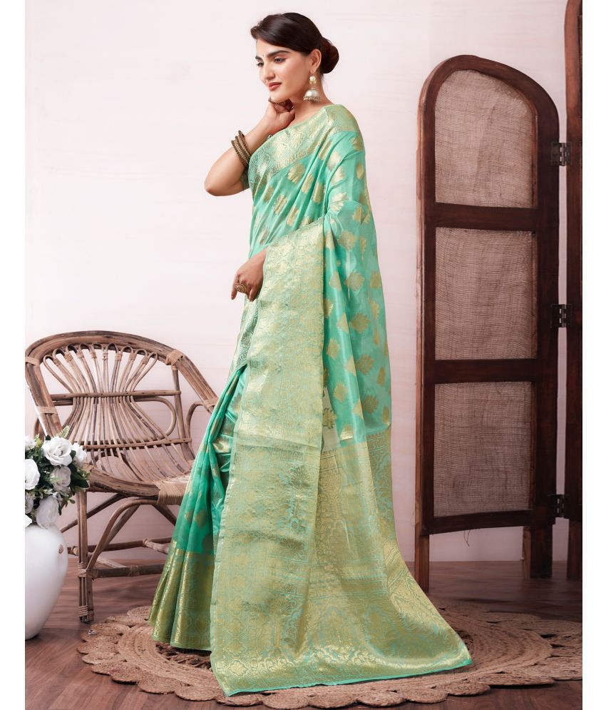     			Satrani Organza Self Design Saree With Blouse Piece - Turquoise ( Pack of 1 )