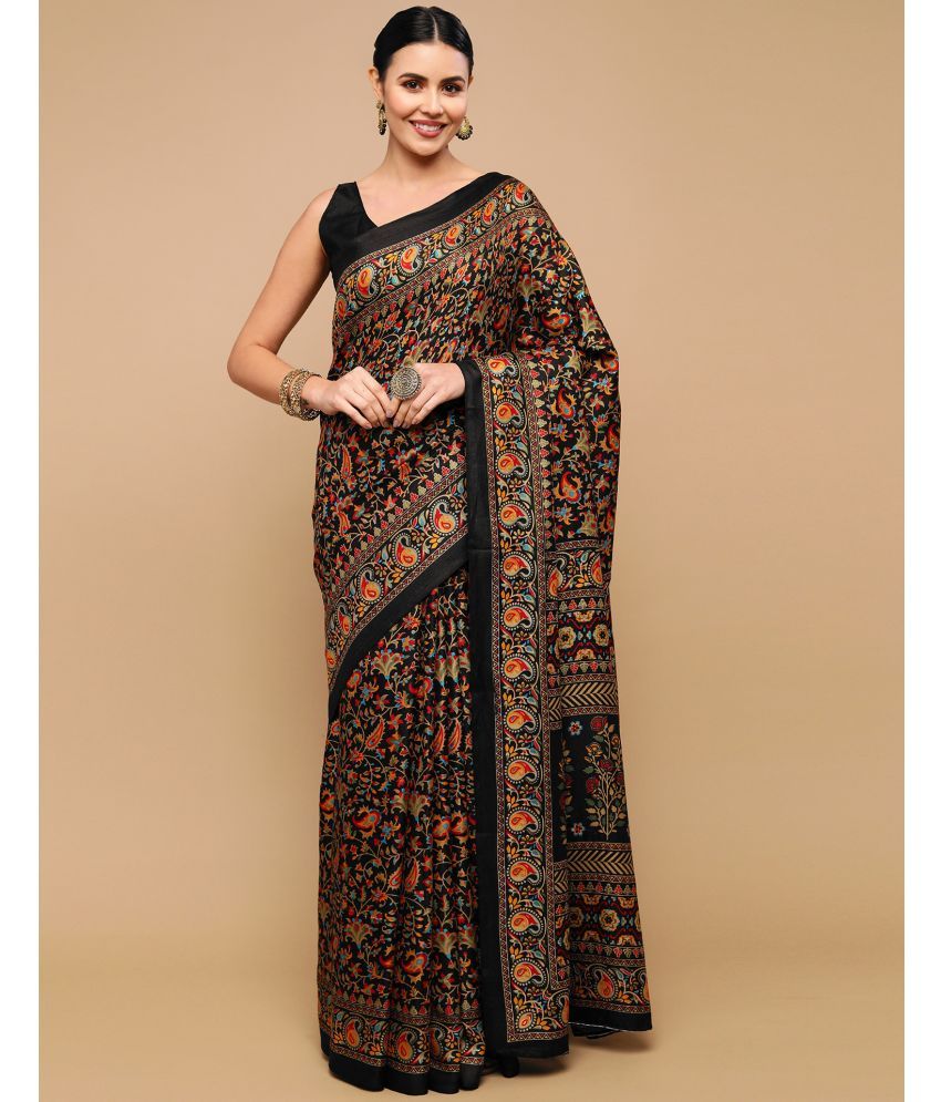     			Satrani Silk Blend Printed Saree With Blouse Piece - Black ( Pack of 1 )