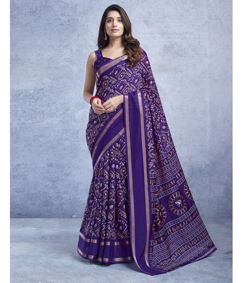    			Satrani Silk PRINTED Saree With Blouse Piece - Purple ( Pack of 1 )
