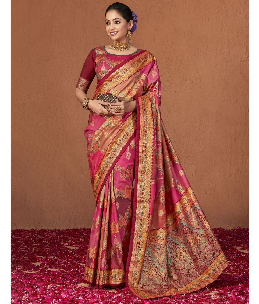     			Satrani Silk Printed Saree With Blouse Piece - Pink ( Pack of 1 )