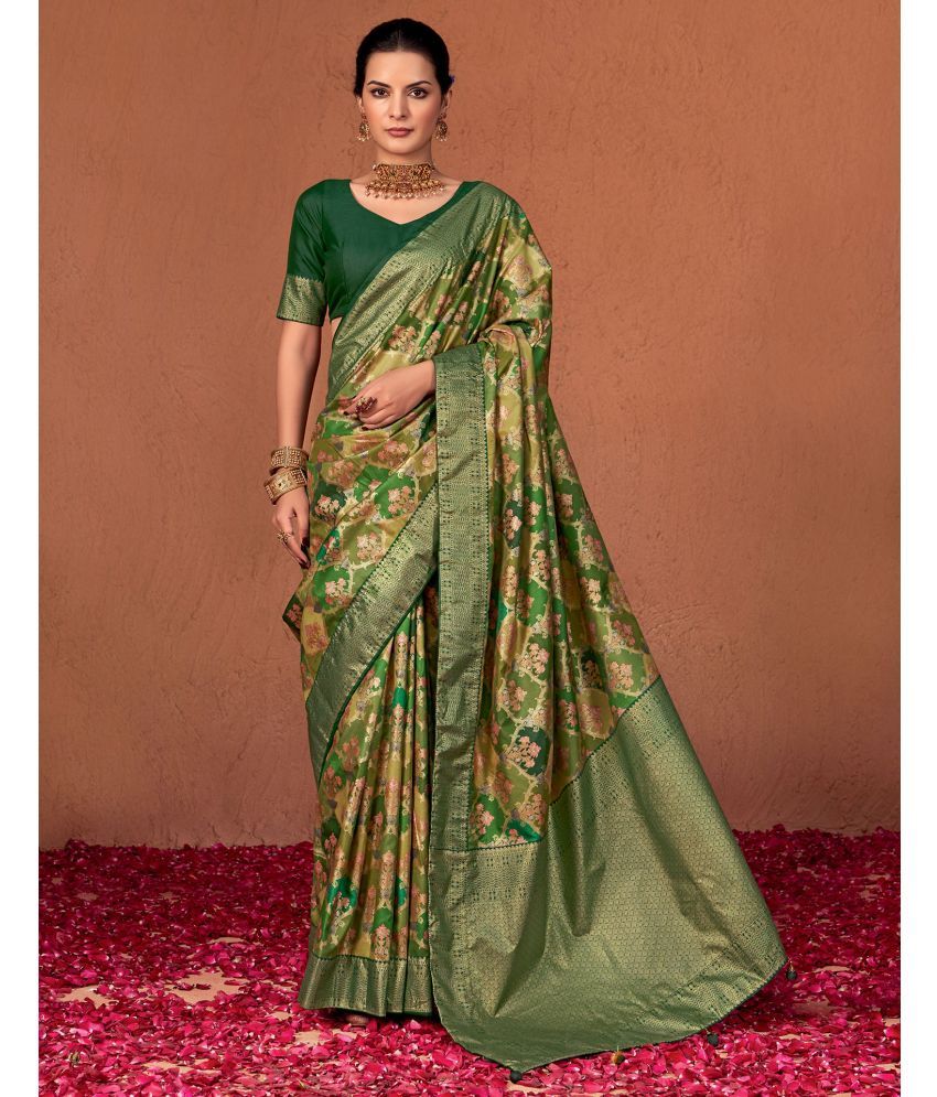     			Satrani Silk Printed Saree With Blouse Piece - Green ( Pack of 1 )