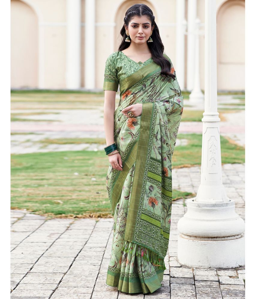     			Satrani Silk Printed Saree With Blouse Piece - Green ( Pack of 1 )