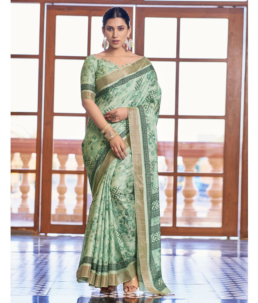     			Satrani Silk Printed Saree With Blouse Piece - Green ( Pack of 1 )