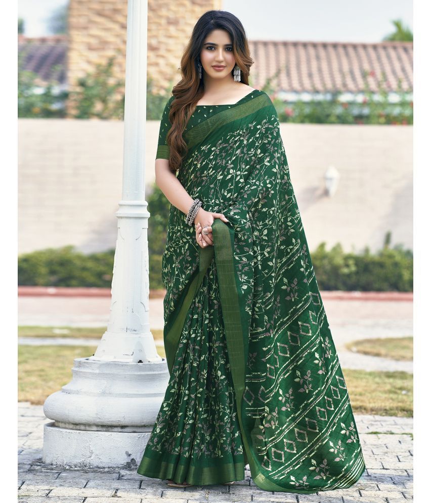     			Satrani Silk Printed Saree With Blouse Piece - Green ( Pack of 1 )