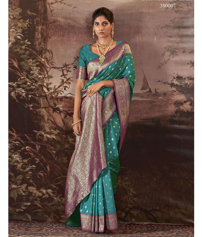     			Satrani Silk Woven Saree With Blouse Piece - Teal ( Pack of 1 )
