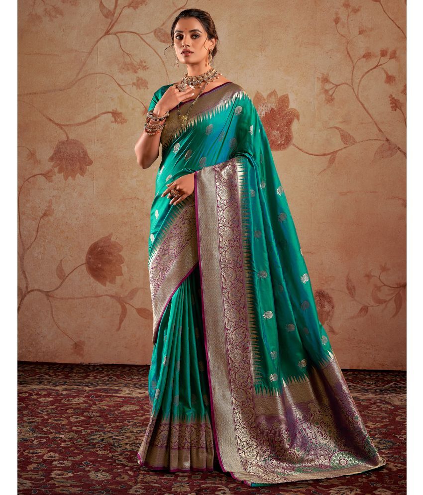     			Satrani Silk Woven Saree With Blouse Piece - Teal ( Pack of 1 )