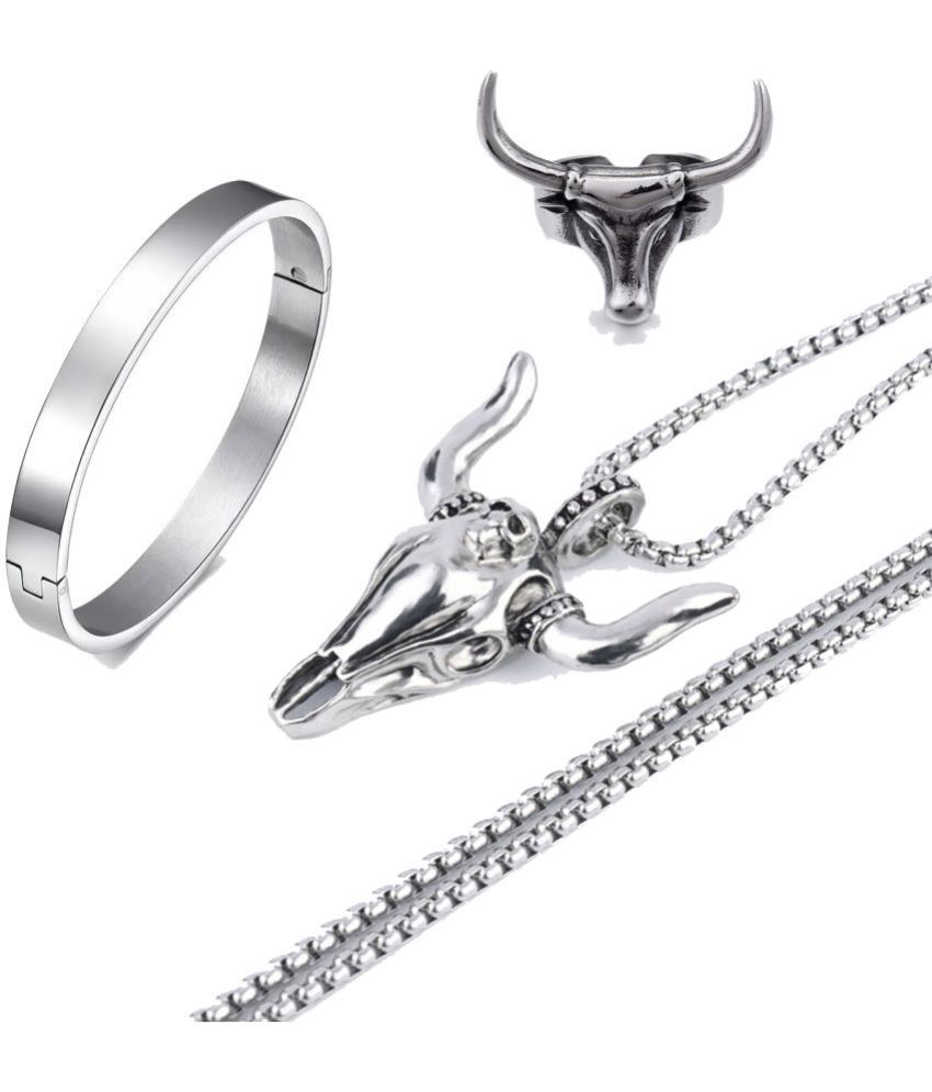     			Thrillz Silver Chain For Men Stainless Steel Bull Design Silver Chain Pendant With Silver Kada Bracelet For Men Boys Jewellery Combo