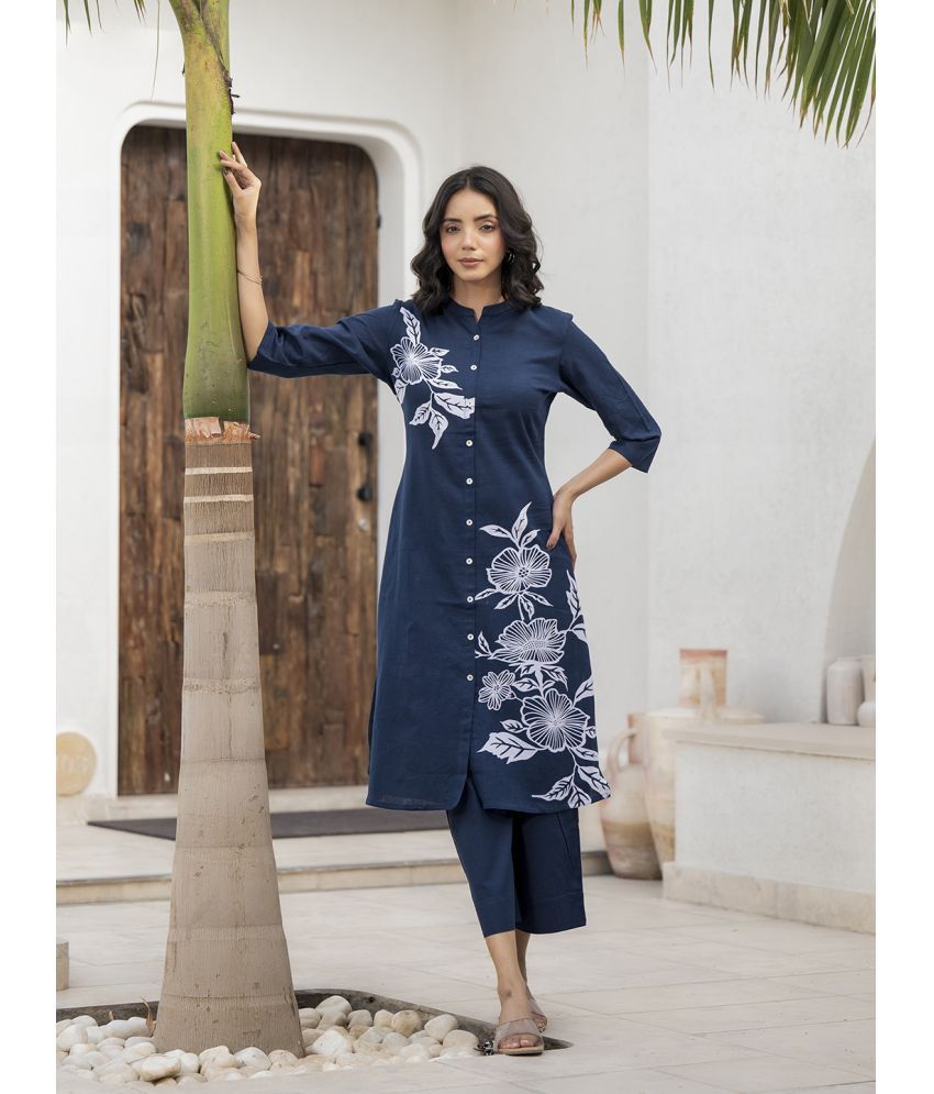     			Divena Cotton Printed Kurti With Palazzo Women's Stitched Salwar Suit - Navy ( Pack of 1 )