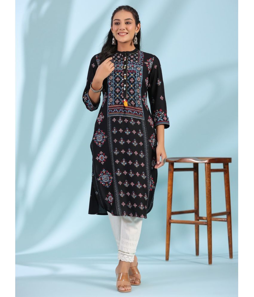     			Juniper Rayon Printed Straight Women's Kurti - Black ( Pack of 1 )