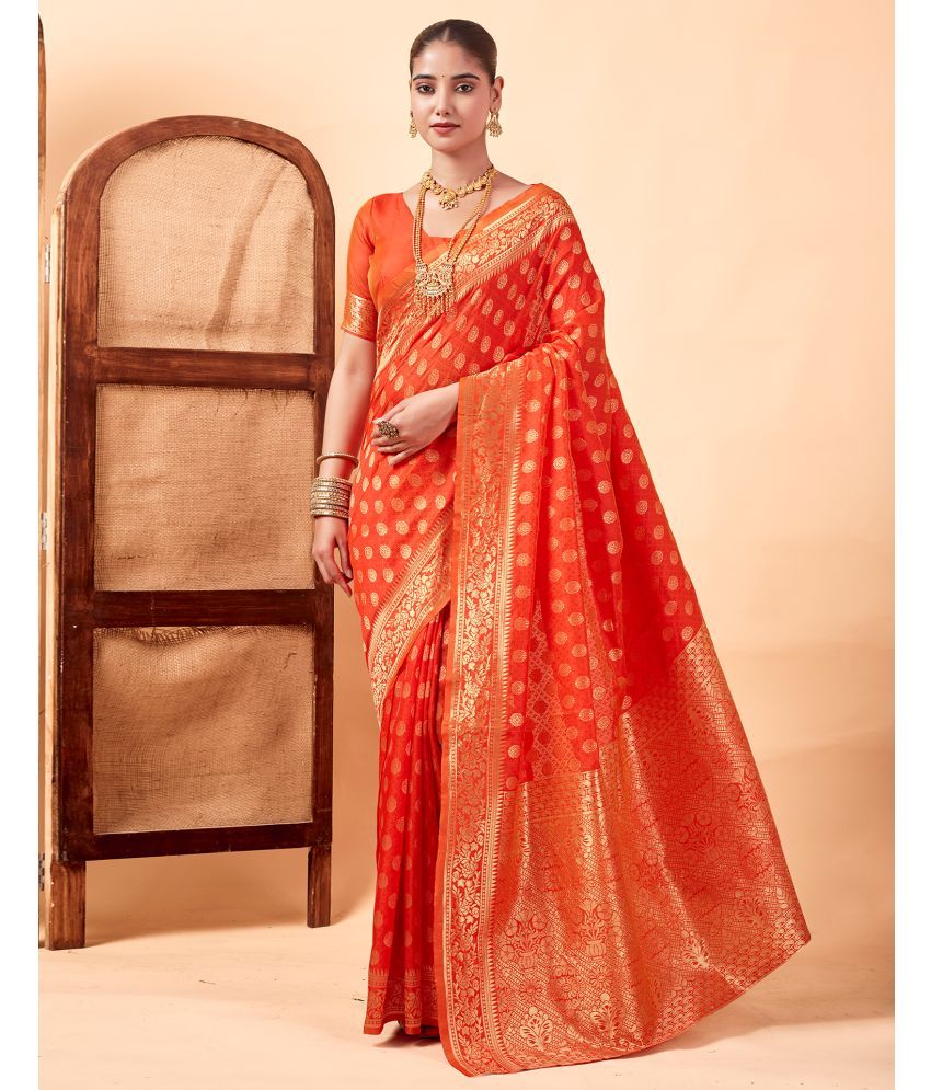     			Samah Art Silk Self Design Saree With Blouse Piece - Orange ( Pack of 1 )