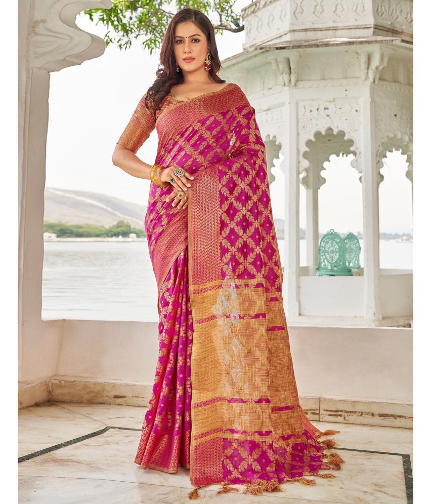     			Samah Cotton Silk Woven Saree With Blouse Piece - Pink ( Pack of 1 )