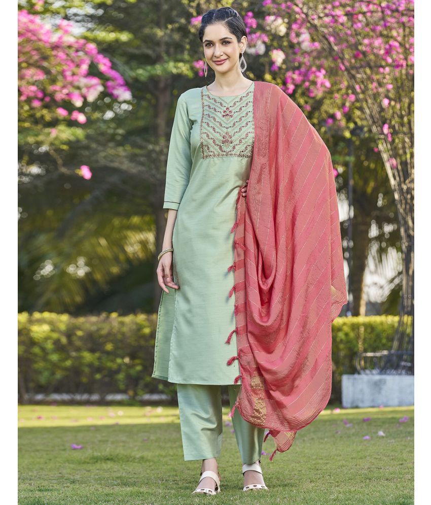     			Skylee Silk Blend Embroidered Kurti With Pants Women's Stitched Salwar Suit - Mint Green ( Pack of 1 )
