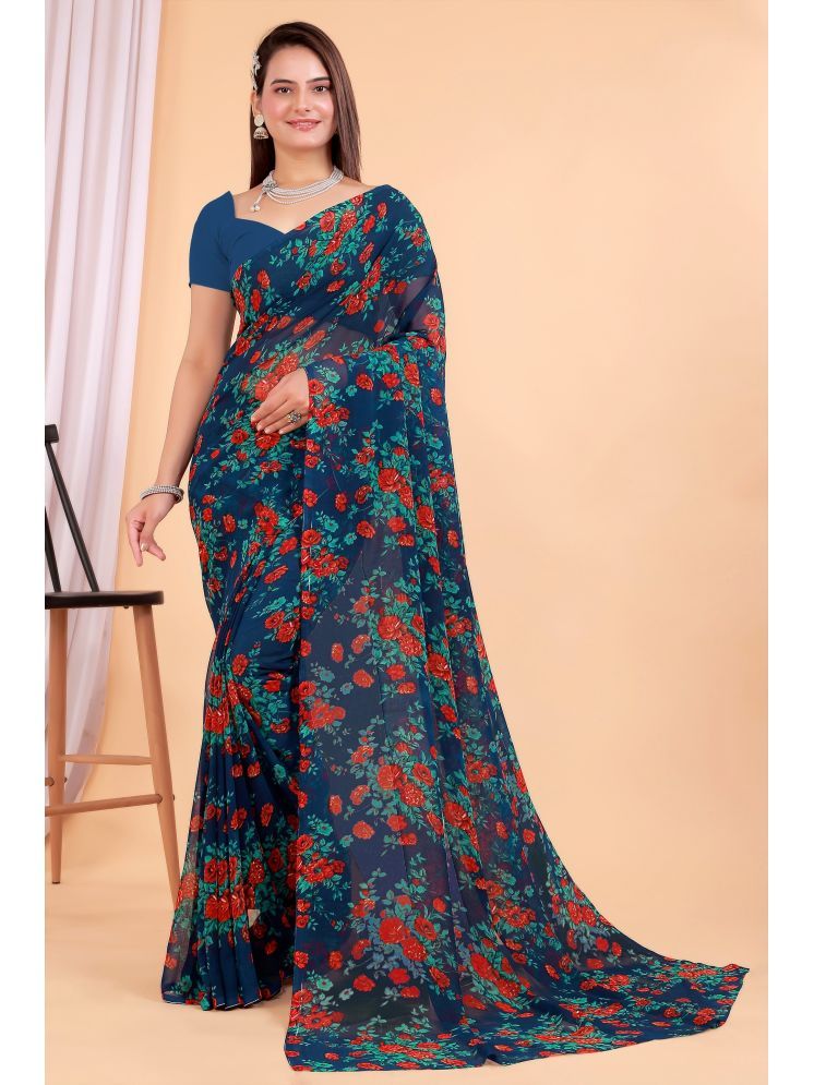     			Aishwarya Georgette Printed Saree Without Blouse Piece - Navy Blue ( Pack of 1 )