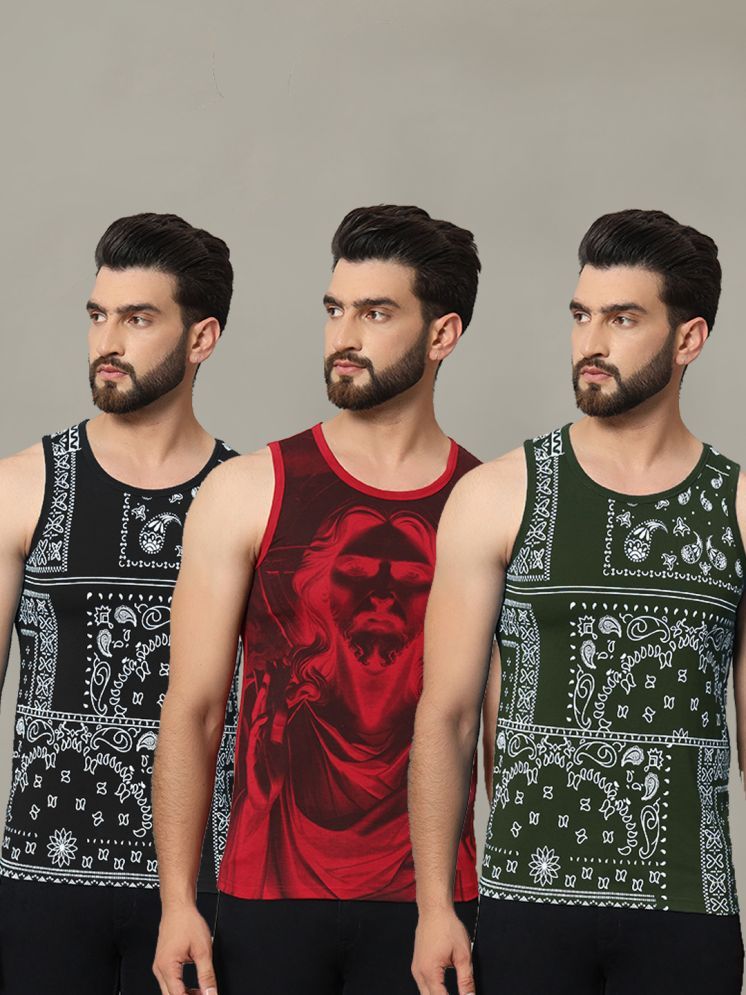     			RELANE Cotton Blend Regular Fit Printed Sleeveless Men's T-Shirt - Maroon ( Pack of 3 )