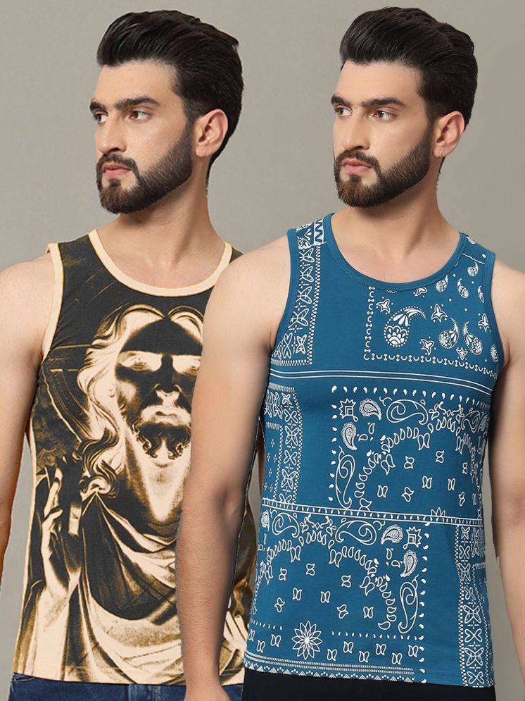     			RELANE Cotton Blend Regular Fit Printed Sleeveless Men's T-Shirt - Navy ( Pack of 2 )