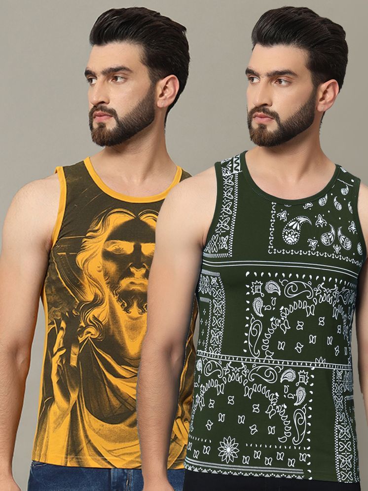     			RELANE Cotton Blend Regular Fit Printed Sleeveless Men's T-Shirt - Olive Green ( Pack of 2 )