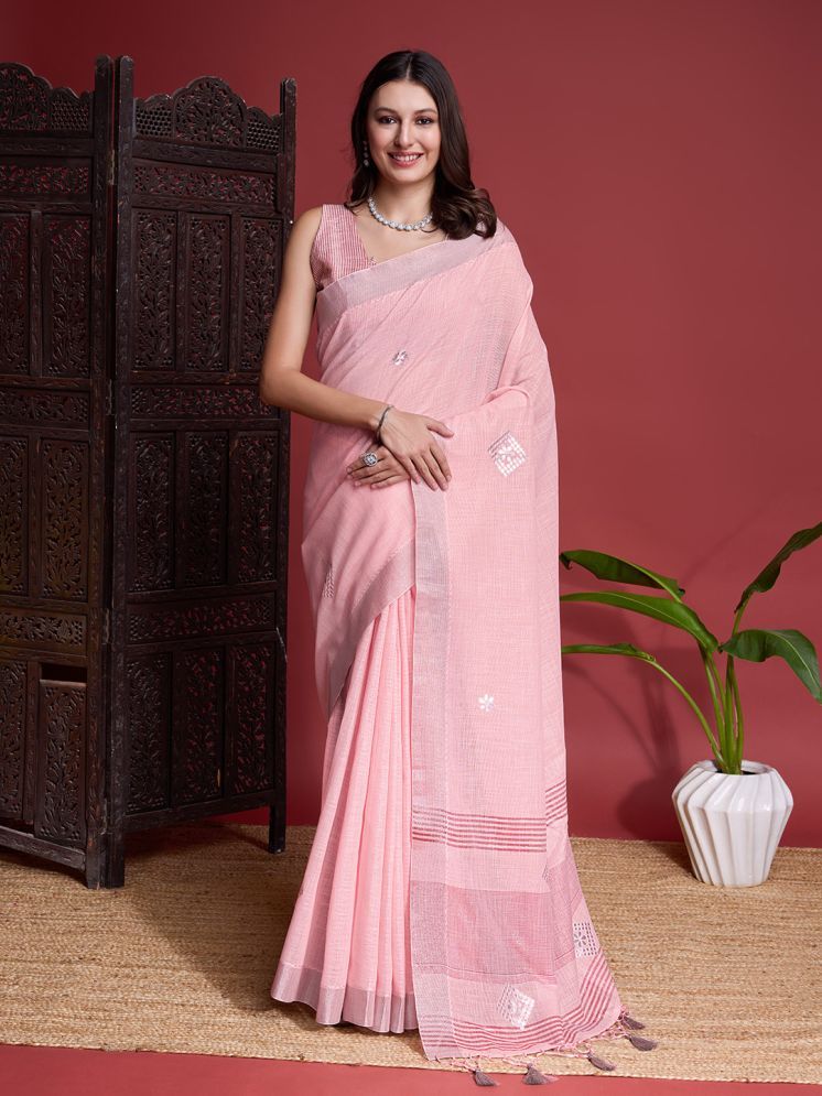     			Rekha Maniyar Linen Embroidered Saree With Blouse Piece - Peach ( Pack of 1 )