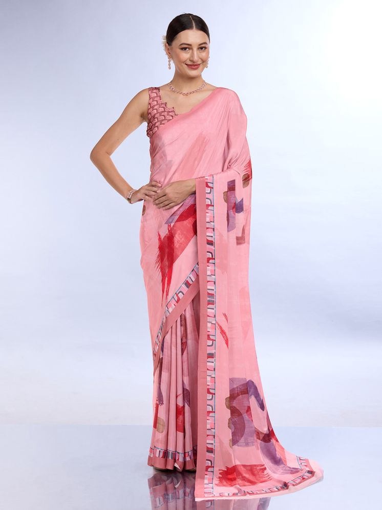     			Rekha Maniyar Satin Printed Saree With Blouse Piece - Pink ( Pack of 1 )