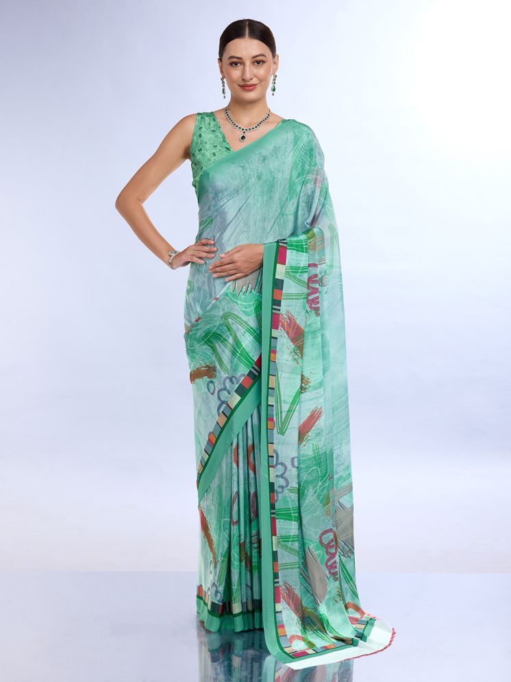     			Rekha Maniyar Satin Printed Saree With Blouse Piece - Green ( Pack of 1 )