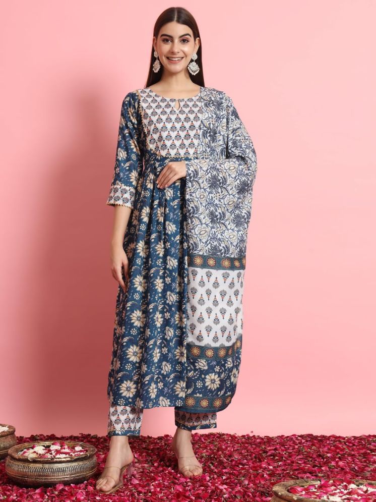     			VredeVogel Rayon Printed Kurti With Pants Women's Stitched Salwar Suit - Blue ( Pack of 1 )