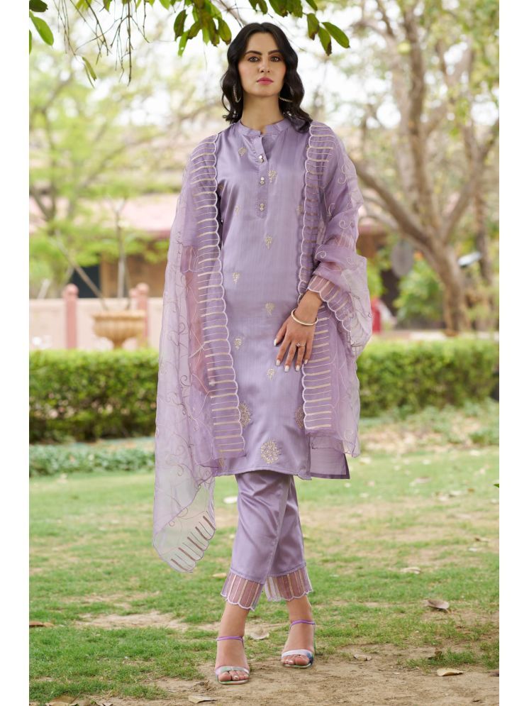     			VredeVogel Silk Blend Embroidered Kurti With Pants Women's Stitched Salwar Suit - Lavender ( Pack of 1 )